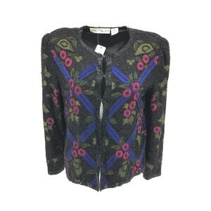 Vintage 80's Scala Floral Beaded Evening Cocktail Blazer 100% Silk Sz Med Black